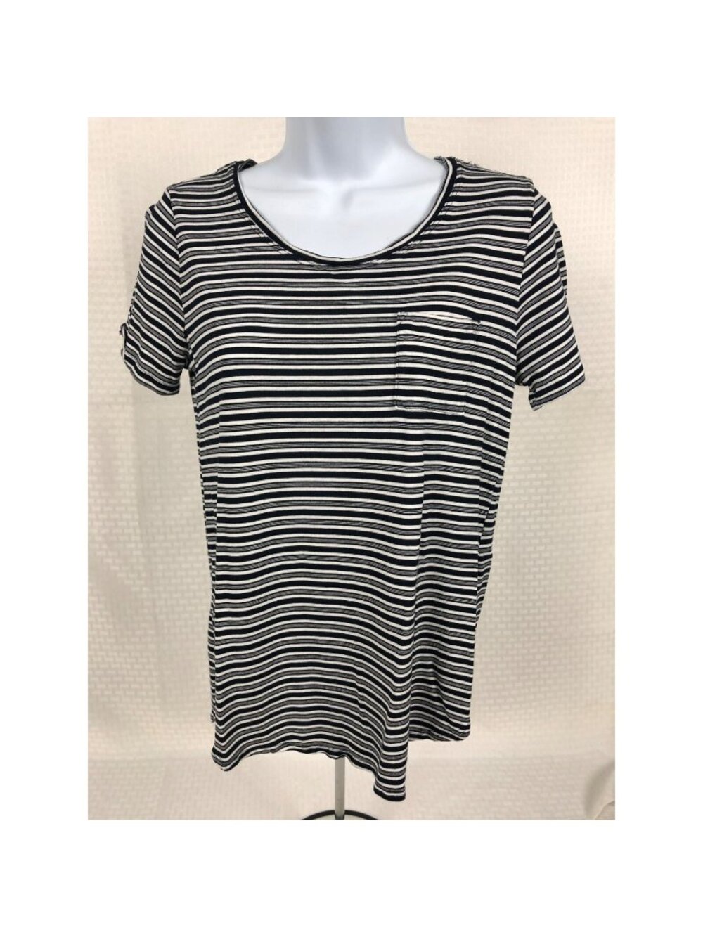Joe Fresh Top Size S P Black White Stripe Tee 1 Pocket Boyfriend Short Sleeves